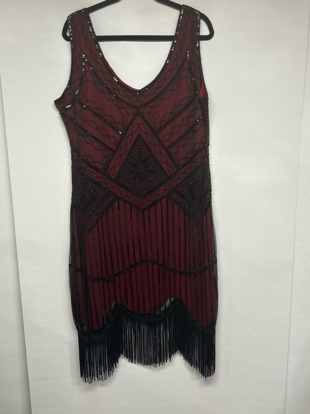 Beaded Burgundy Fringe Mini Dress